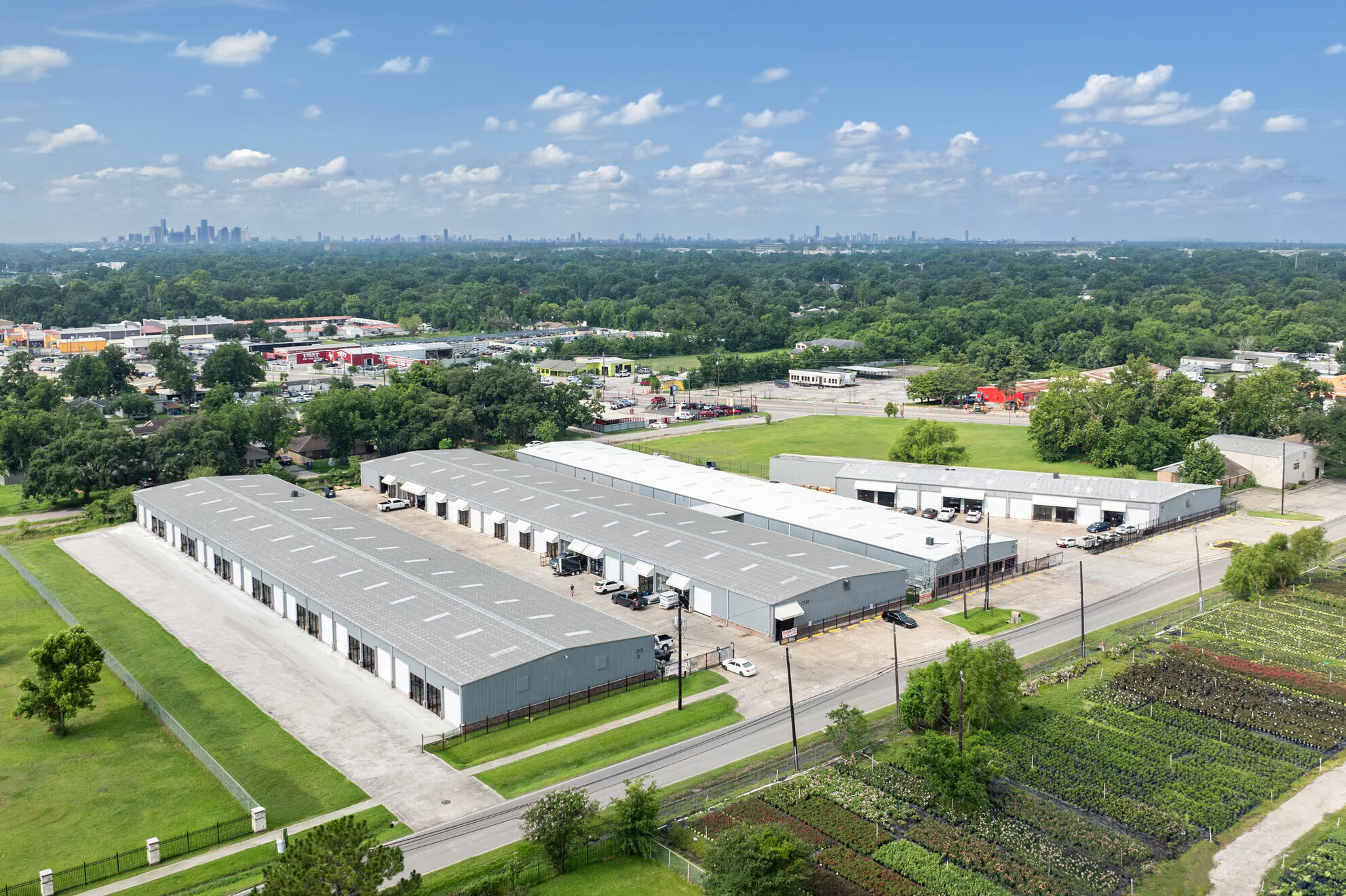 Airline Business Park aerial view with the Houston skyline behind, 130 Mitchell Rd